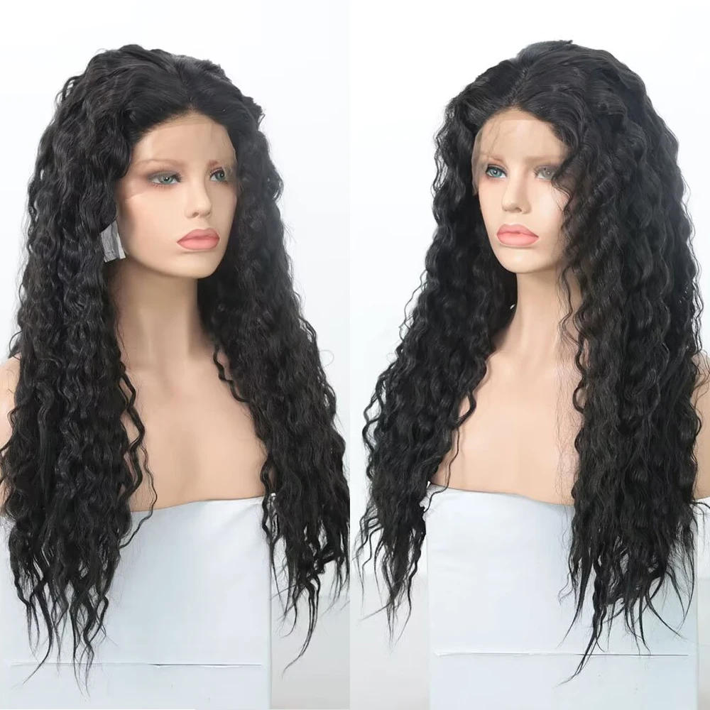 RONGDUOYI Black Curly Wig Synthetic Frontal Lace Wig For Black Women Daily Used Natural Hairline Heat Resistant Fiber Makeup