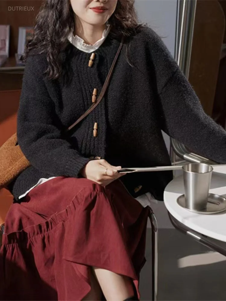 Casual Loose O Neck Long Sleeve Horn Button Solid All Match Knitted Sweater Women Jumpers