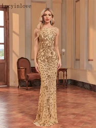 Lucyinlove Elegant Gold Sequins Sexy Backless Formal Evening Dress Women Sleeveless Long Mermaid Wedding Party Guest Gowns