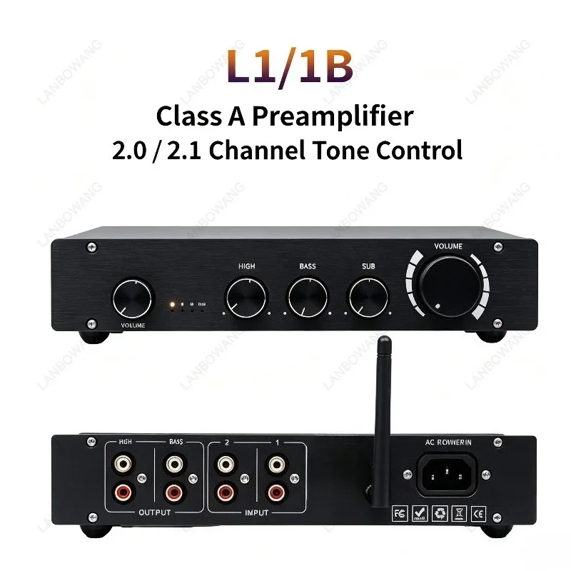 Pure Class A 2.0/2.1 Channel L1 Tone Preamplifier, Treble Mid Bass Adjustment, Bluetooth 5.0 Audio Decoder