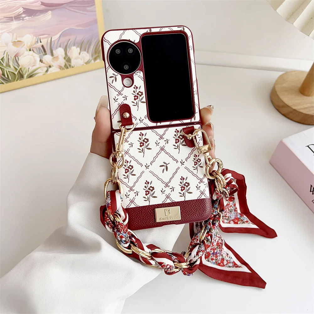 

Fashion Lucky Flower Phone Case For OPPO Find N2 N3 Flip Silk Scarf Bracelet PC Hard Shell Shockproof Back Cover