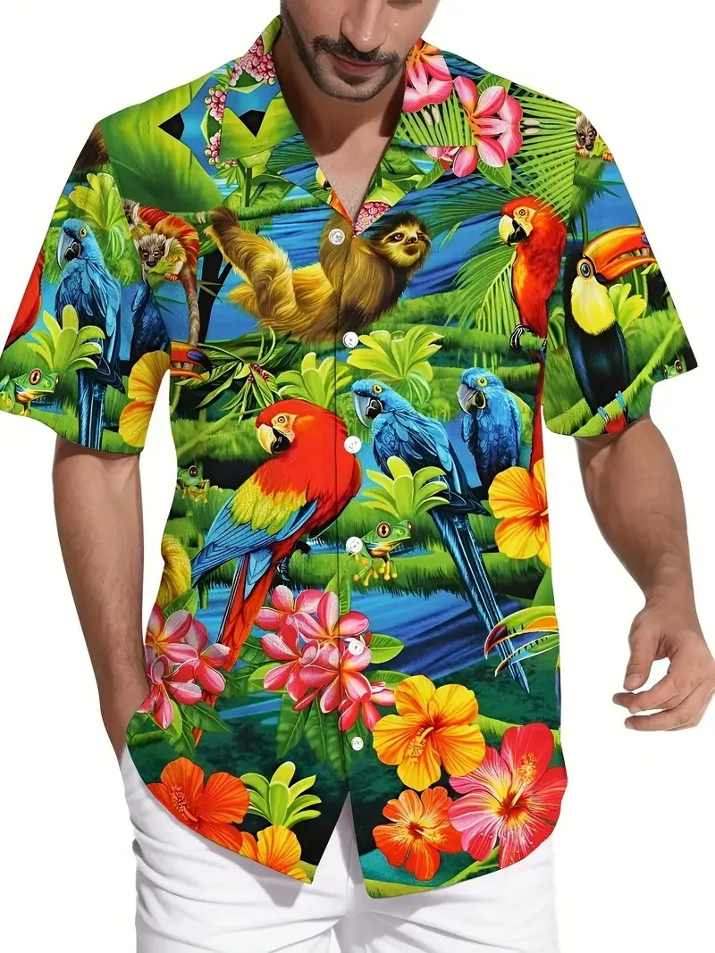 Heren Levendige Papegaai Tropische Bloemenprint Hawaii Shirts Casual Korte Mouw Button Up Strandshirt voor Mannen Zomervakanties