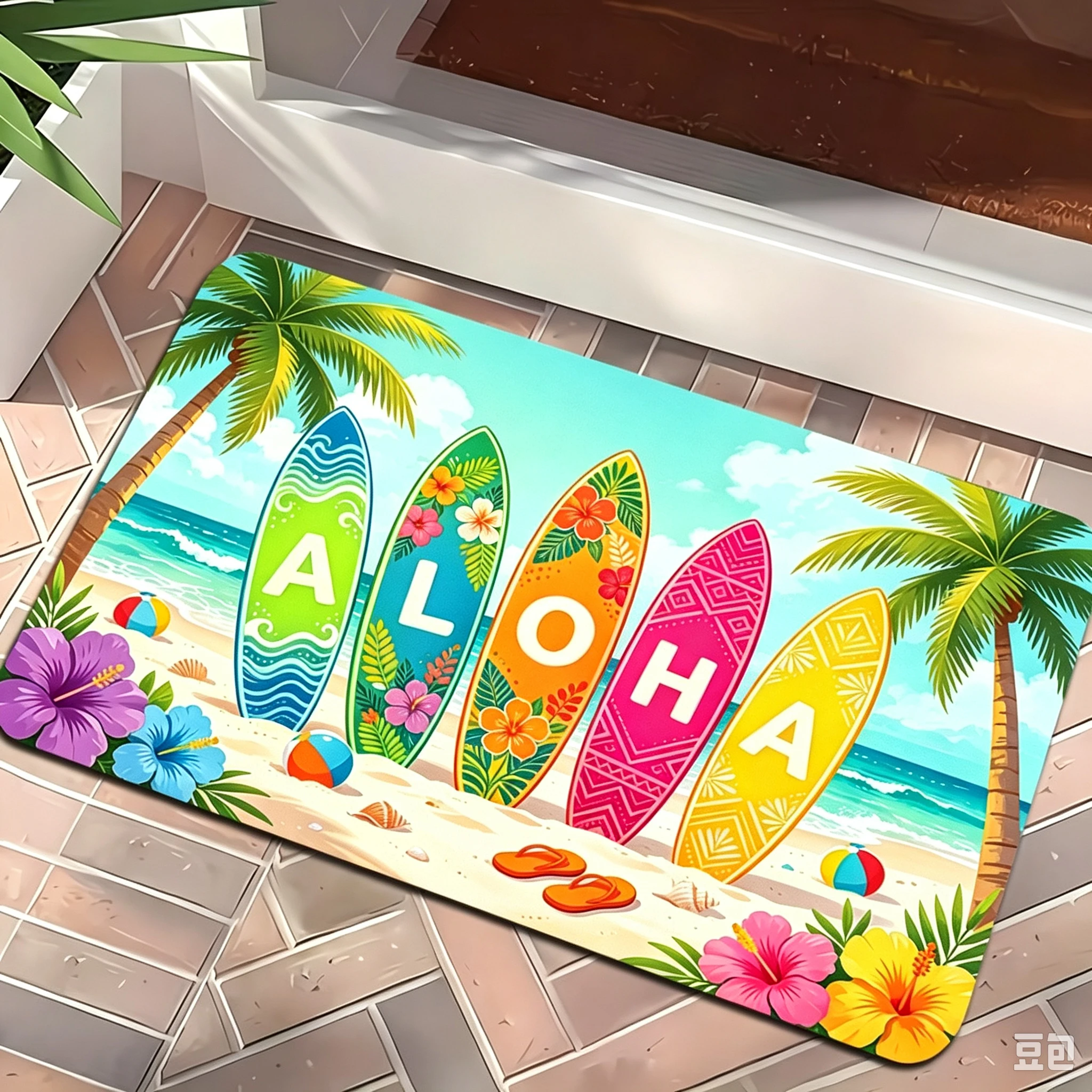 Tropical Beach Surfboard Doormat for Entryway Floor Mat Home Summer Decor Aloha Palm Flower Pattern Stylish Entrance Welcome