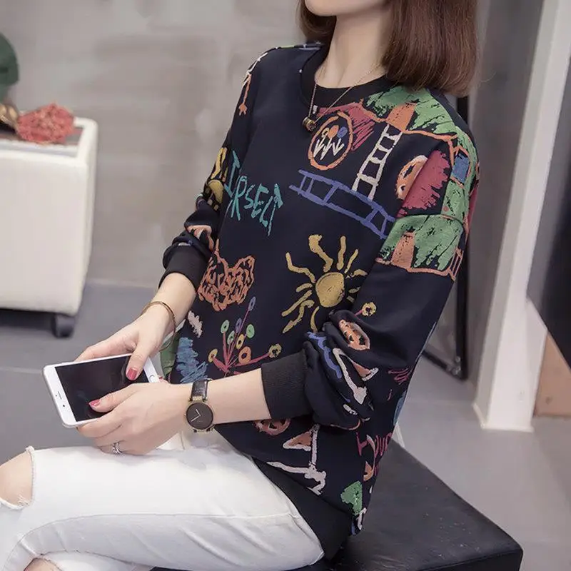 Fashion O-Neck Printed Loose Casual T-Shirt Female Clothing 2023 Autumn Winter New Oversized All-match Tops Commute Tee Shirt