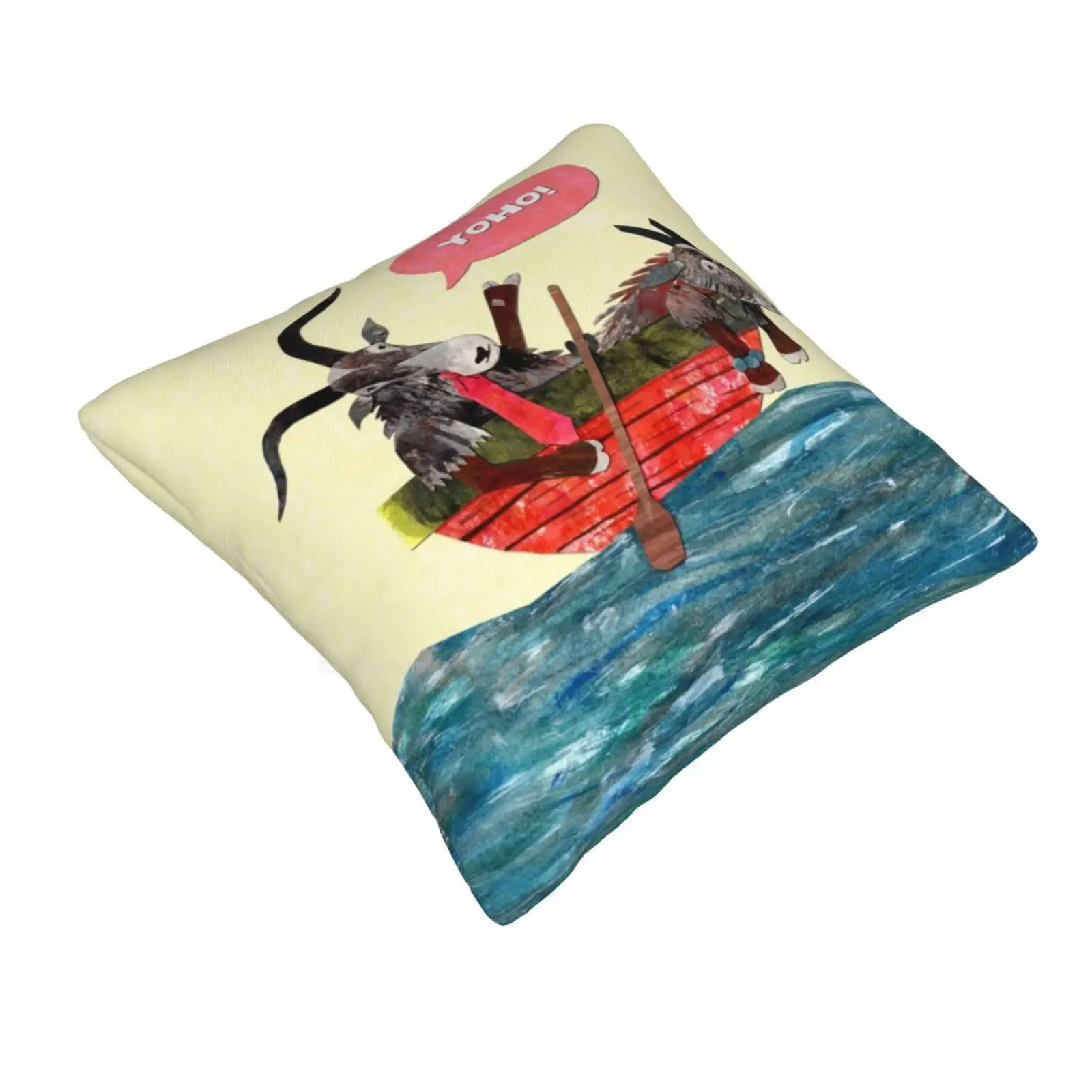 Goats In A Boat Bedroom Office Hug Pillowcase Fun Cute Bright Bold Collage Gouache Paper Sun Sea Goat Wave Paddle Oar Blue