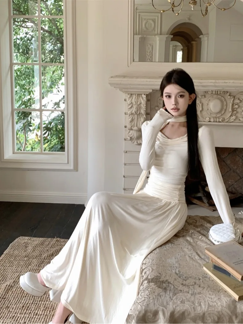 Dresses Long Sleeved Womens Dress Spring Chiffon Blue Ruffled Cowl-neck Loose-fit Flowy Fairycore Daring Youthful All-match