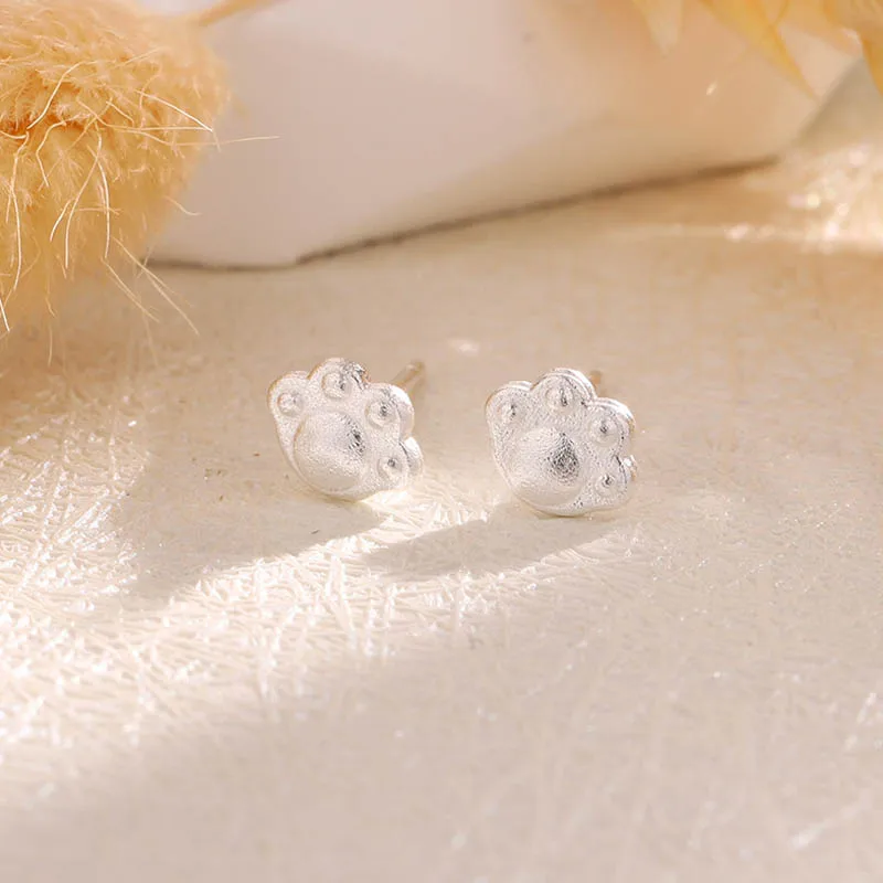 Frosted Cat Paw Stud Earrings for Women Stylish Birthday Gift Silver Plated Jewelry Accessory for Ladies And Girls