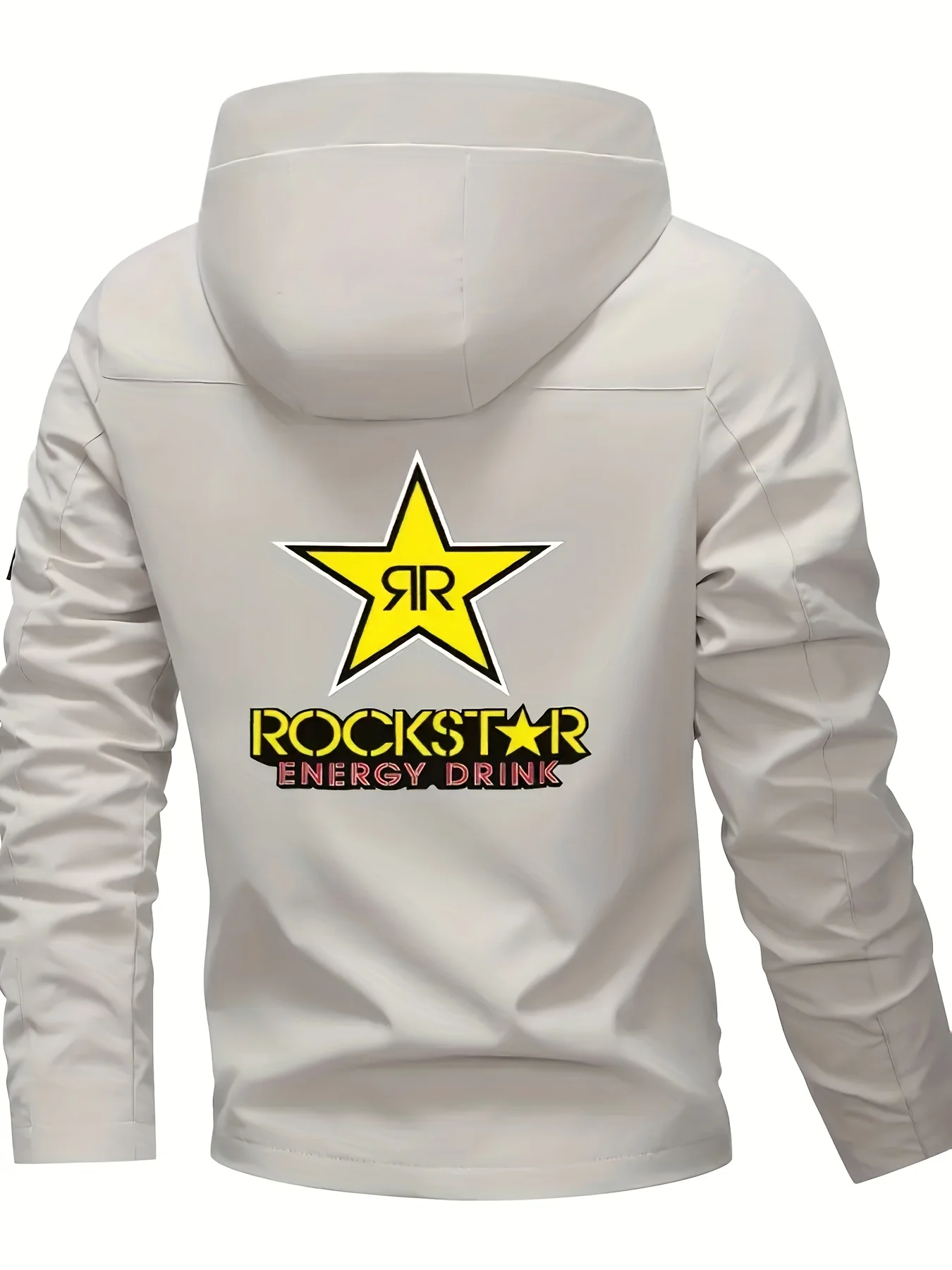 سترة بغطاء للرأس ثقيلة الوزن للرجال من Rockstar Logo - معطف بسحاب كامل مقاوم للرياح مع جيوب بسحاب ملابس خارجية للدراجات النارية في الشارع