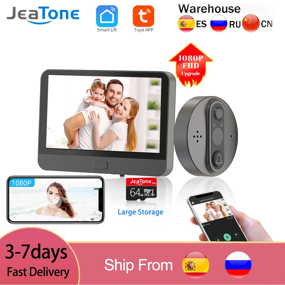 

Видеодомофон Jeatone, беспроводной, Wi-Fi, 4,3 дюйма, с датчиком движения