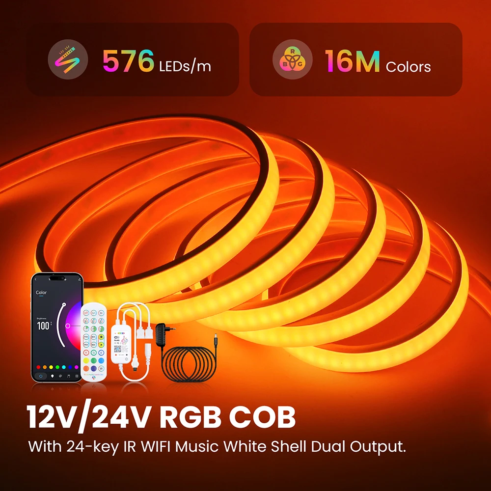 

Wi-Fi Bluetooth COB Светодиодная неоновая лента IP68 Водонепроницаемая RGB 576LEDs/m 12V 24V Комплект питания Гибкая лампа для декора свадебной вечеринки