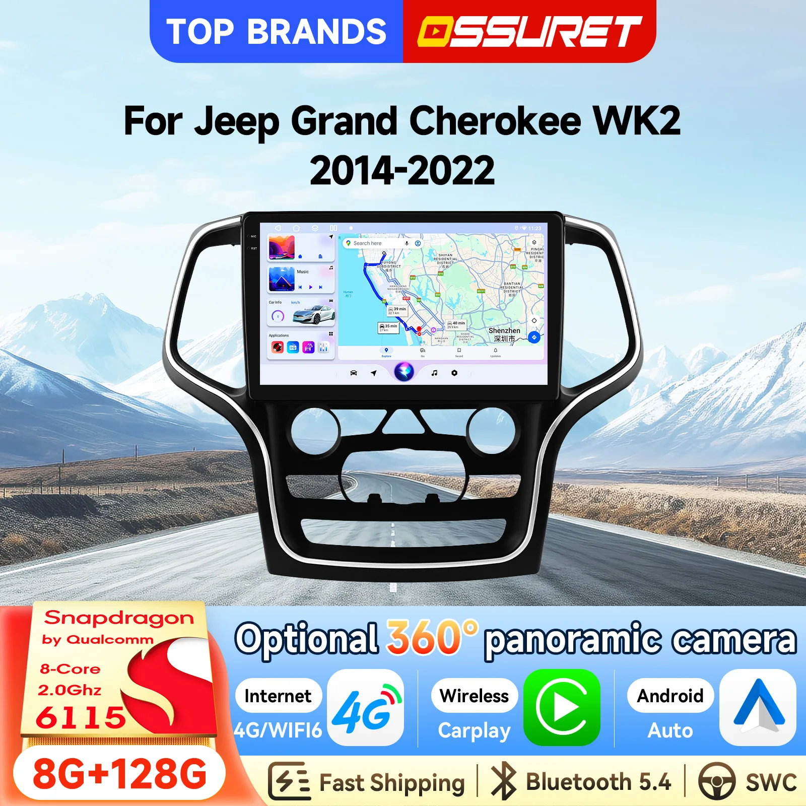 OSSURET 10,1'' 2 Din GPS 6115 8-Kern Android 15 Autoradio für Jeep Grand Cherokee WK2 2014-2022, Autoradio-Haupteinheit, 4G Wireless Carplay, Android Auto, Multimedia-Videoplayer, FM RDS DSP Audio
