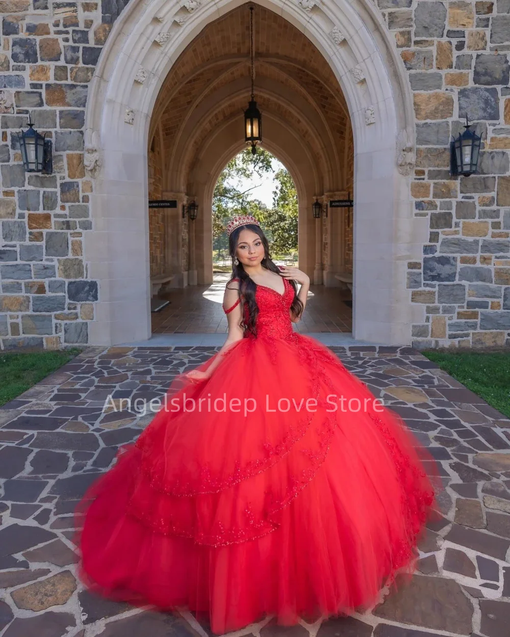 Angelsbridep Customized Red Ball Gown Quinnceanera Dresses  For 15 Years Lace Appliques Off Shoulder Party Vestidos De Fiesta