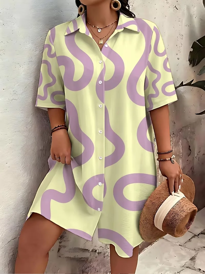 New Summer Everyday Casual Womens Short Sleeve Shirt Dress Fashion Single-breasted Dress Spring Black leaf Print Elegant Dress