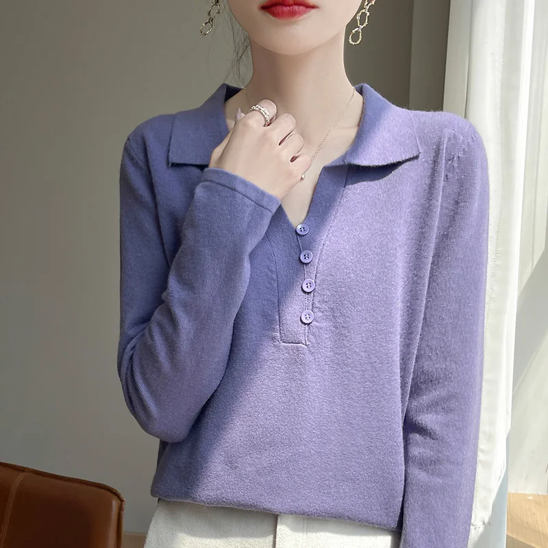 Autumn and winter new 100% pure wool women\'s polo neck sweater loose fashion solid color long sleeve knitted cashmere sweater.