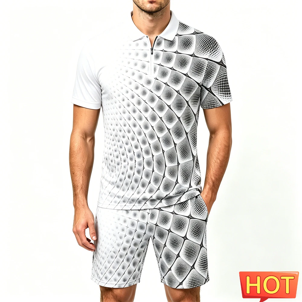 Ensembles d'été pour hommes, imprimés géométriques 3D amusants, polos à fermeture éclair, shorts, 2 pièces, tendance hip-hop, manches courtes, costume d'été, vêtements décontractés
