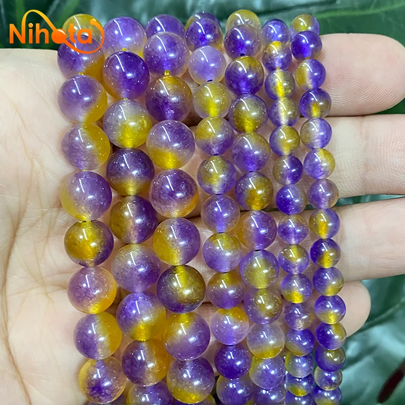 Smooth Natural Stone Purple Yellow Chalcedony Round Spacer Beads DIY Bracelet Chains 15'' Inch 6/8/10/12mm for Jewelry Making