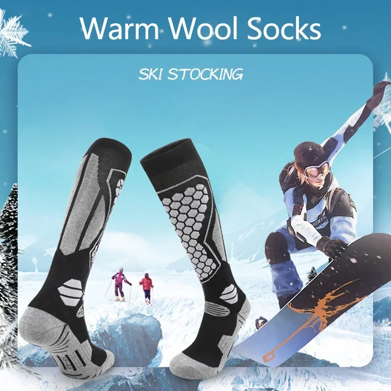 Professional Men Merino Wool Ski Socks Outdoor Sports Hiking Anti-slip Thick Keep Warm Knee High Long Skiing Snowboard Socks