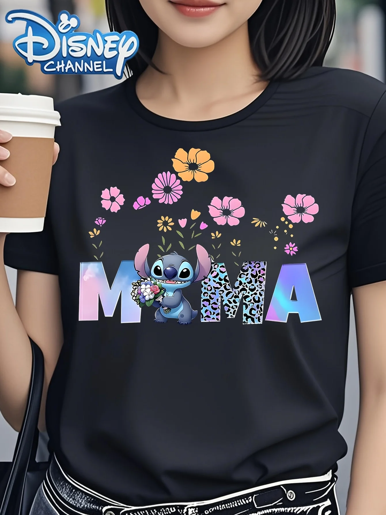 

Stitch&Lilo T-shirt - Cute Blue Needle Flower Colorful Leopard Pattern Letter Printed Women's Casual Short Sleeve T-shirt