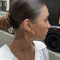 Stainless Steel Classic Gold Color Hollow Thick Loop Large Circle Hoop Never Fade C-Ring Piercing Earrings for Women Jewelry