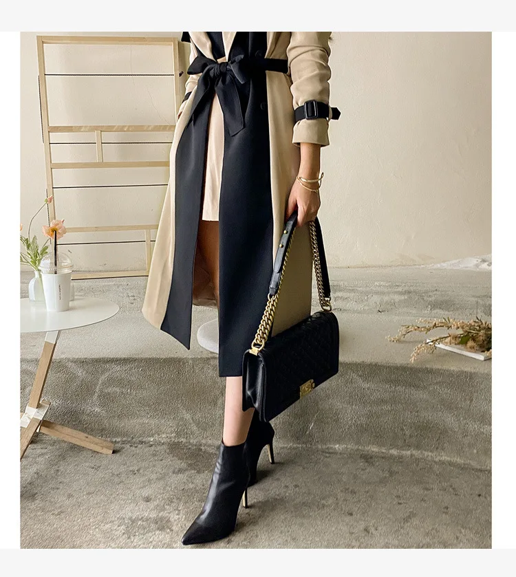 Women\'s Autumn New Korean Edition Notched Collar Long Windbreaker British Style Color blocked Strap up Trench Jackets