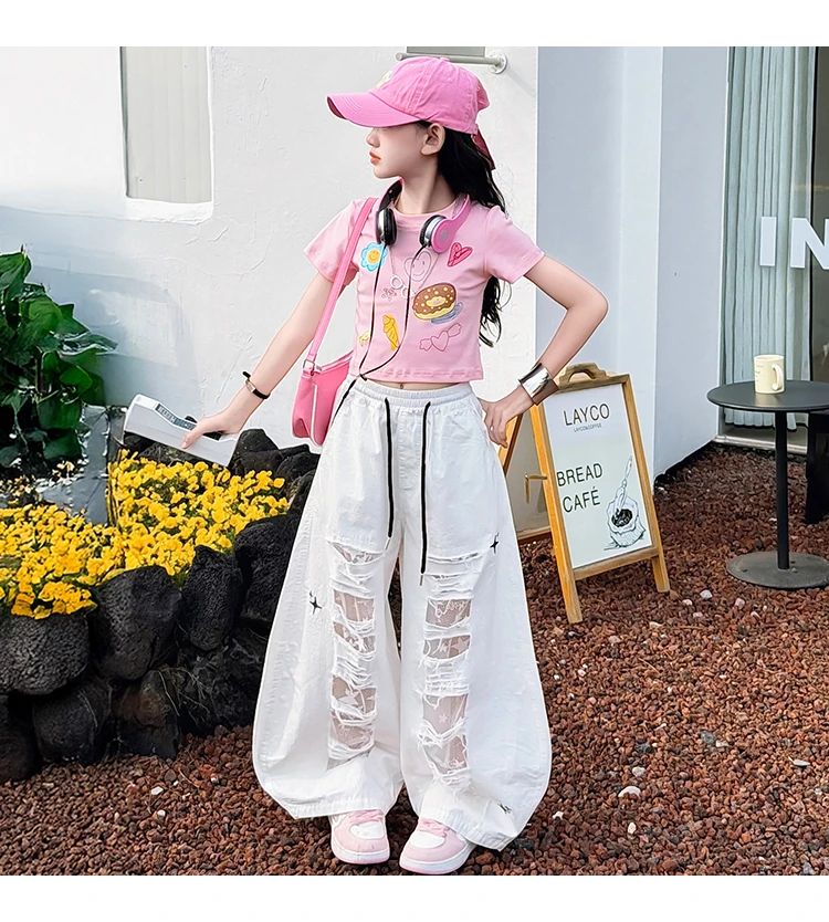 Teenager-Mädchen Mode Street-Style Y2K Kleidungsset Outfits für Mädchen Sommer T-Shirt + zerrissene Hosen Streetwear Coole Kinderkleidung Anzug – Detail 14