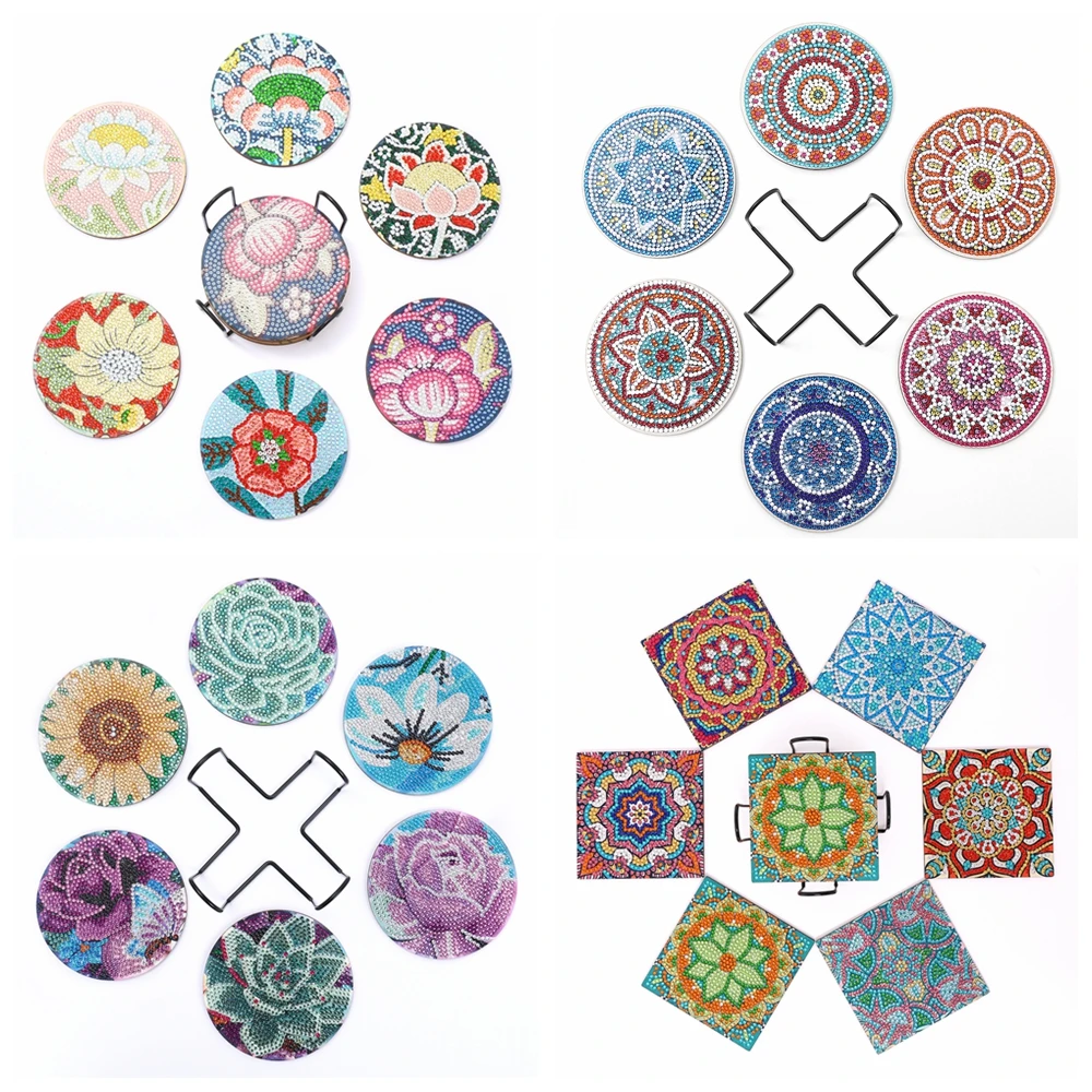 ماندالا الكريستال أحجار الراين الوقايات الخشبية للبالغين ، الوقايات الفنية الماس ديي مع حامل ، 6 في المجموعة