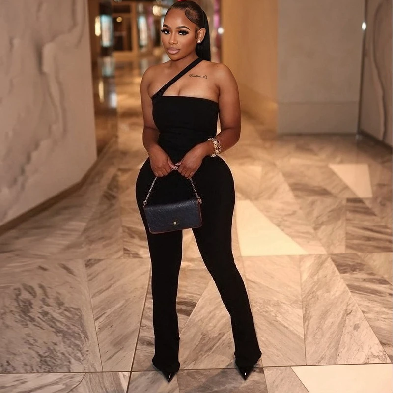

Doyerl Black Bodycon Jumpsuit Women Flare Pants Strapless Stretch Slim One Pieces Rompers and Jumpsuits Club Wear Party Overalls
