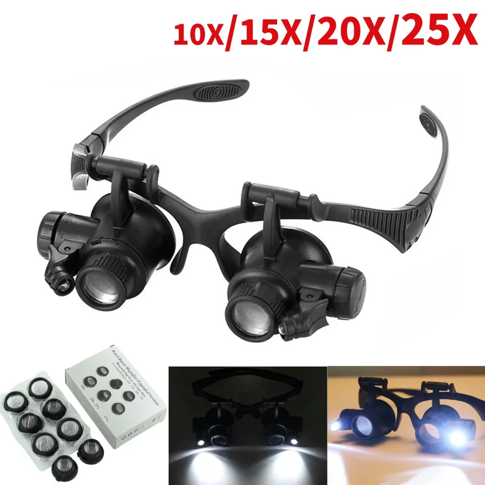 Hand Wearing Magnifier Glasses Magnifying 10X 15X 20X 25X 2LED Professional Magnifier Glasses for Reading Jewelers Repair