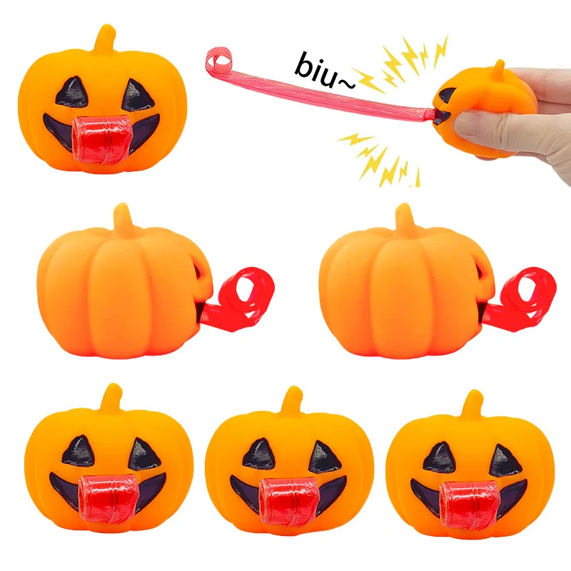 

2Pcs New Halloween Pumpkin Head Squeeze Tongue Out Toys Creative Spoof Pumpkin Prank Toys Pinch Music Fidget Toys