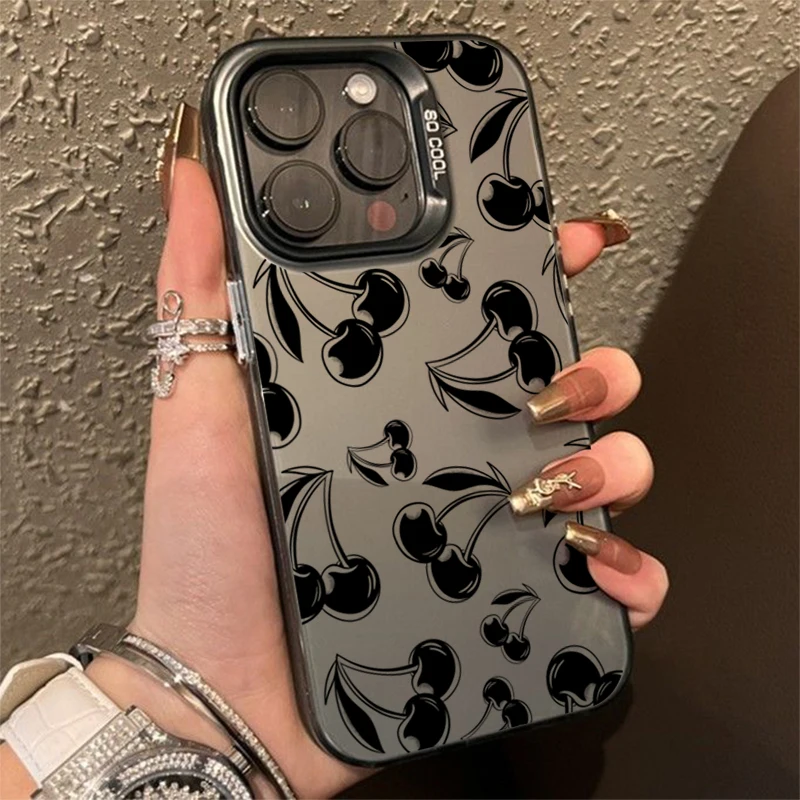 Cute Black Cherry Pattern Matte Laser Phone Case For iPhone 15 Pro Max Case iPhone 14 13 12 11 XS X XR 7 8 Plus Shockproof Cover