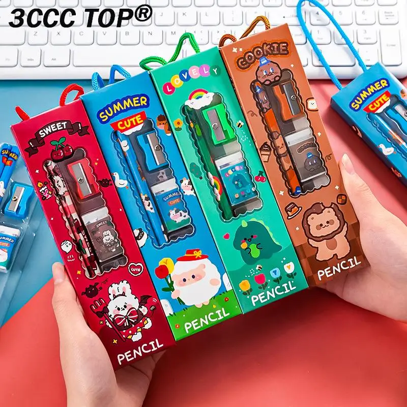 5Pcs/set Portable Stationery Set Cartoon Pencil Ruler Sharpener Eraser Set Gift For Kids School Office Writing Prize Stationery