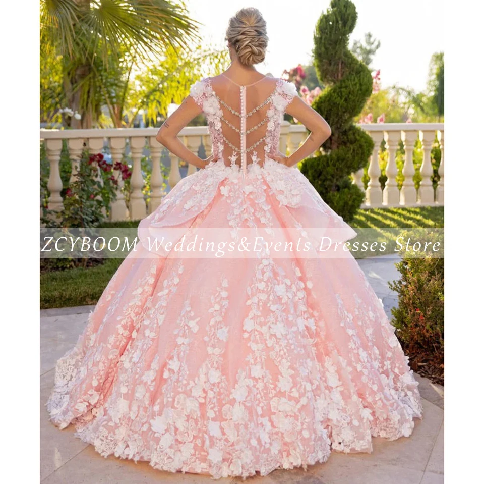 Personalizado rosa o-pescoço flores lantejoulas pérolas apliques sem mangas vestido de noite 2024 vestido de baile até o chão vestido quinceanera