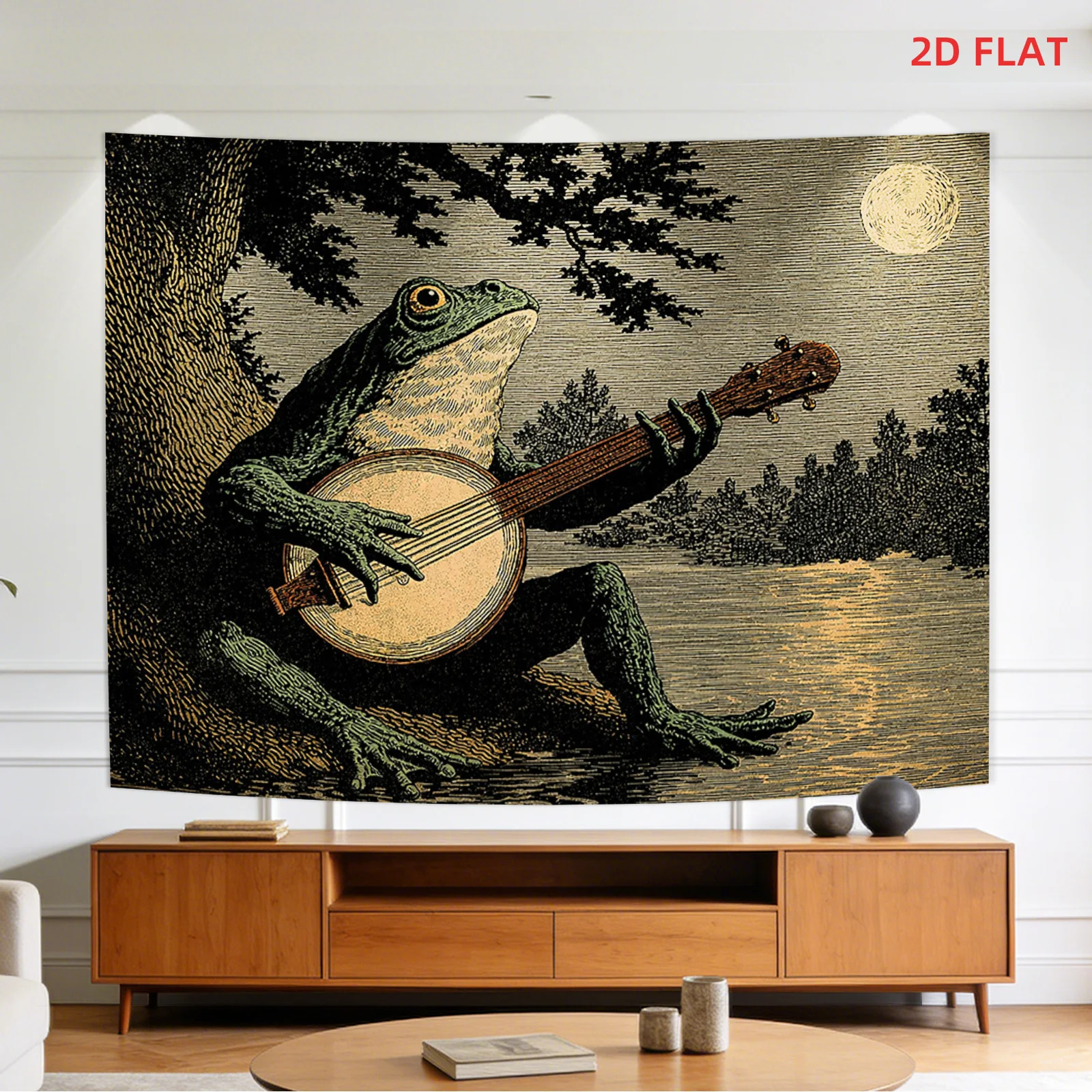Whimsical Frog Playing Guitar Wall Tapestry Art Boho Jungle Decor Illustration Vintage Amphiibian Music Hanging Home Decoration