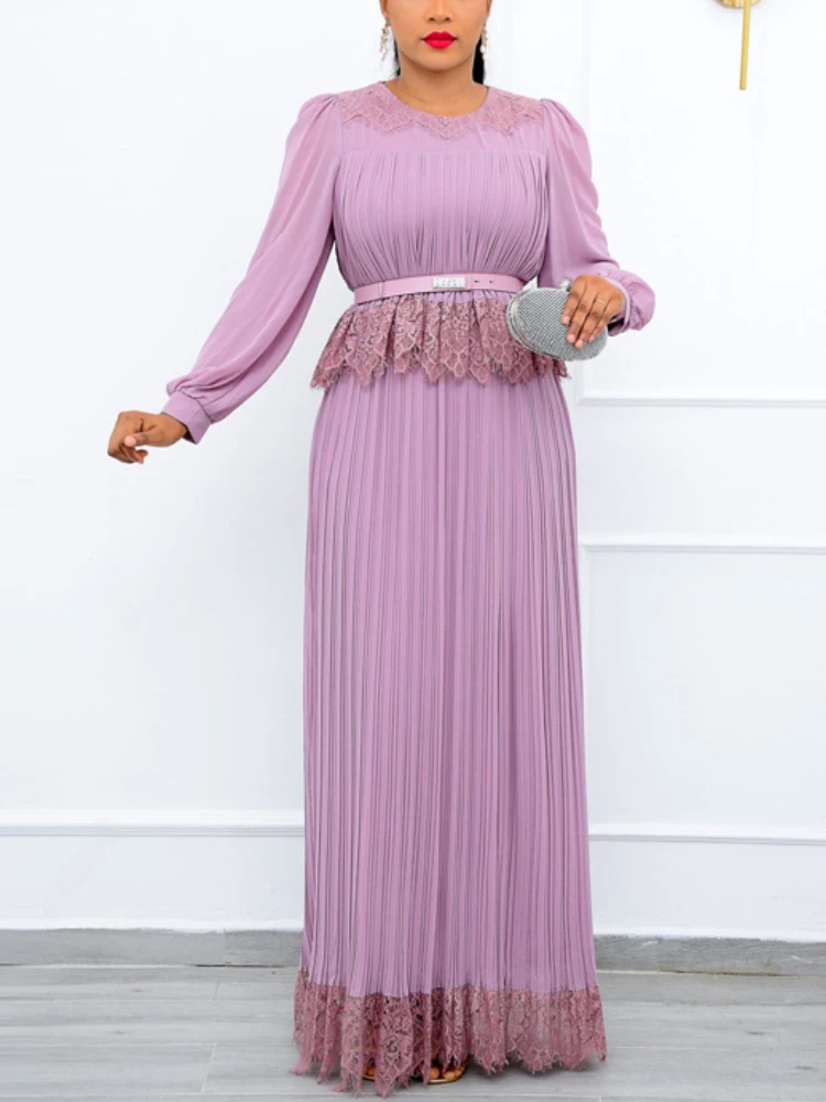 Elegant Pleated Long Dress For Women Lilac Long Sleeves Patchwork Lace Robe with Sash Casual Modest Party Work Vestido Big Size