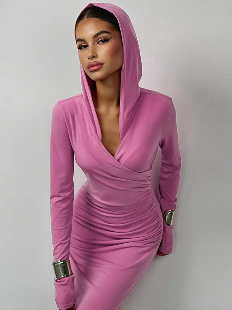 Mozision Elegant V Neck Hooded Maxi Dress For Women Autumn Winter New Long Sleeve Bodycon Ruched Fashion Long Dress New