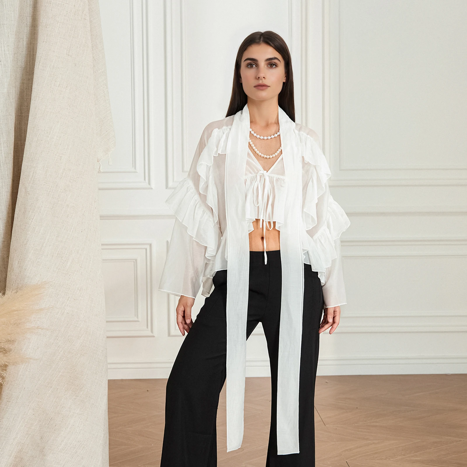 Camicie da donna primavera estate trasparenti con scollo a V e volant Camicie larghe alla moda a maniche lunghe tinta unita Camicette trasparenti