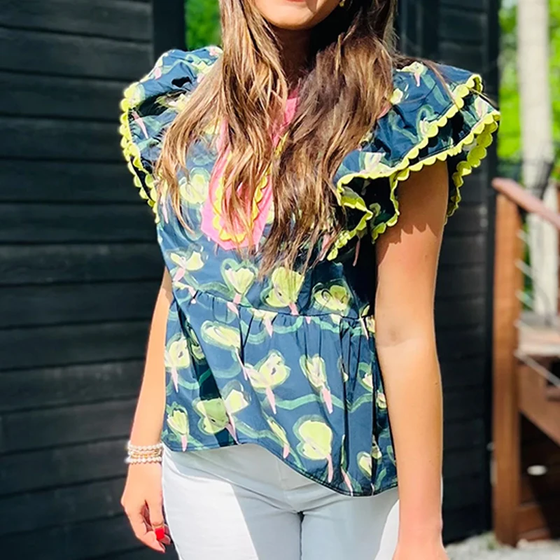 

Women's Floral Print Peplum Top Summer Casual Short Sleeve V Neck Ruffle Trim Beach Slim Fit T-shirts Aesthetic Retro Clubwear