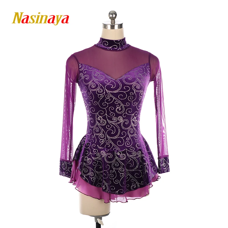 Figure Skating Dress Long Sleeve Purple Show Dress Mesh Skating Suit Kids Custom Skirt Performance Velvet