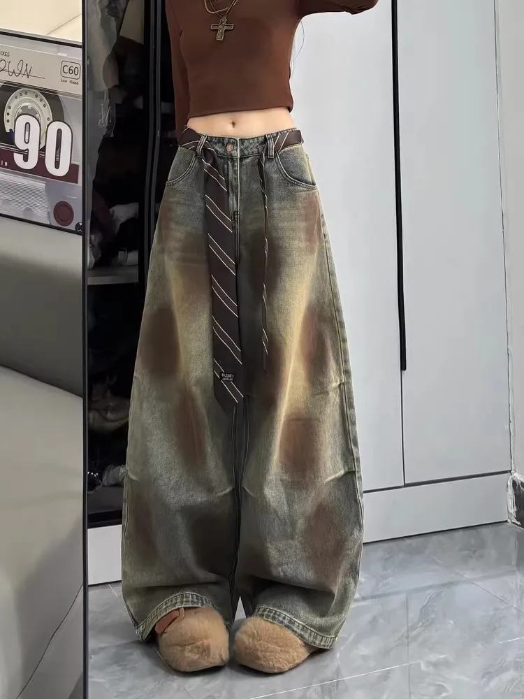 

Rustic Rose Embroidered Distressed Wide Leg Denim Jeans Women's High Waist Slimming Loose Long Trousers Casual Cotton Jeans