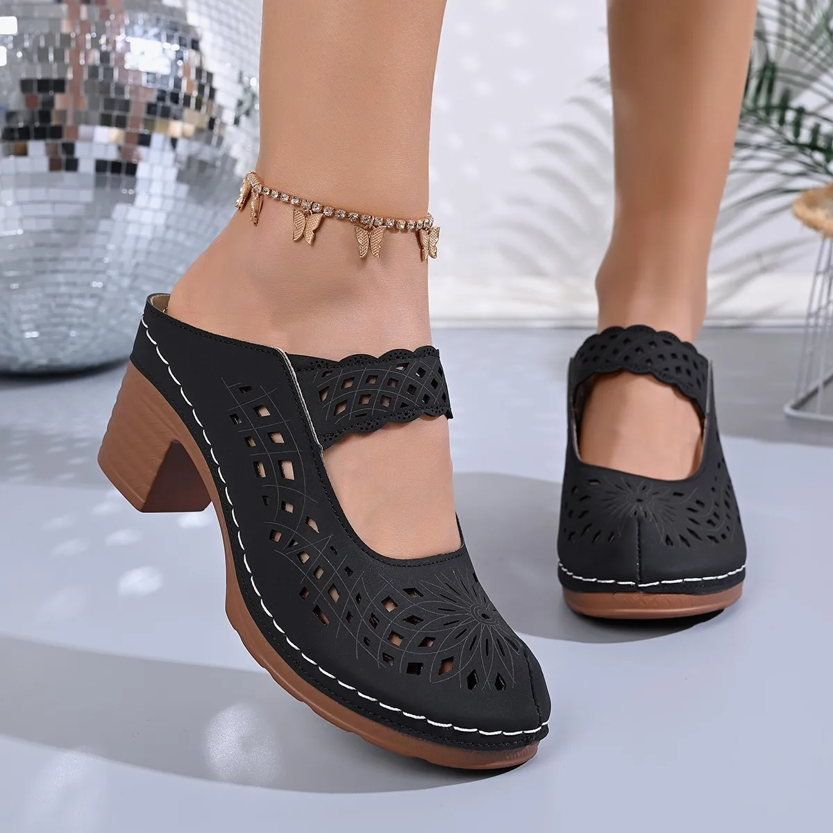 

Women's Black Cutout Mules, Closed Toe Block Heel Slip On Sandals, Hollow Out Backless Clogs for Summer