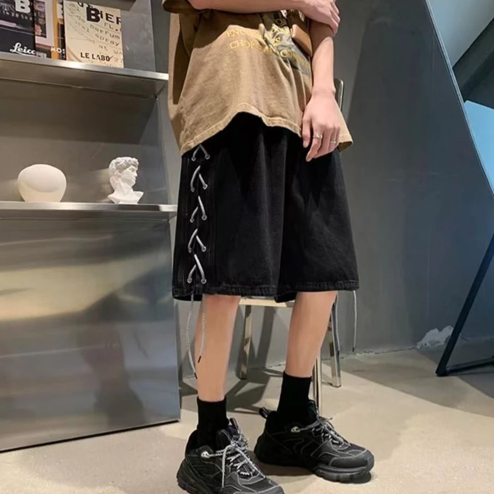 헐렁한 반 남성 데님 반바지 한국 패션 인기 컷 세일 Jorts Y2k New In Street Rude Distressed Men's Short Jeans Pants