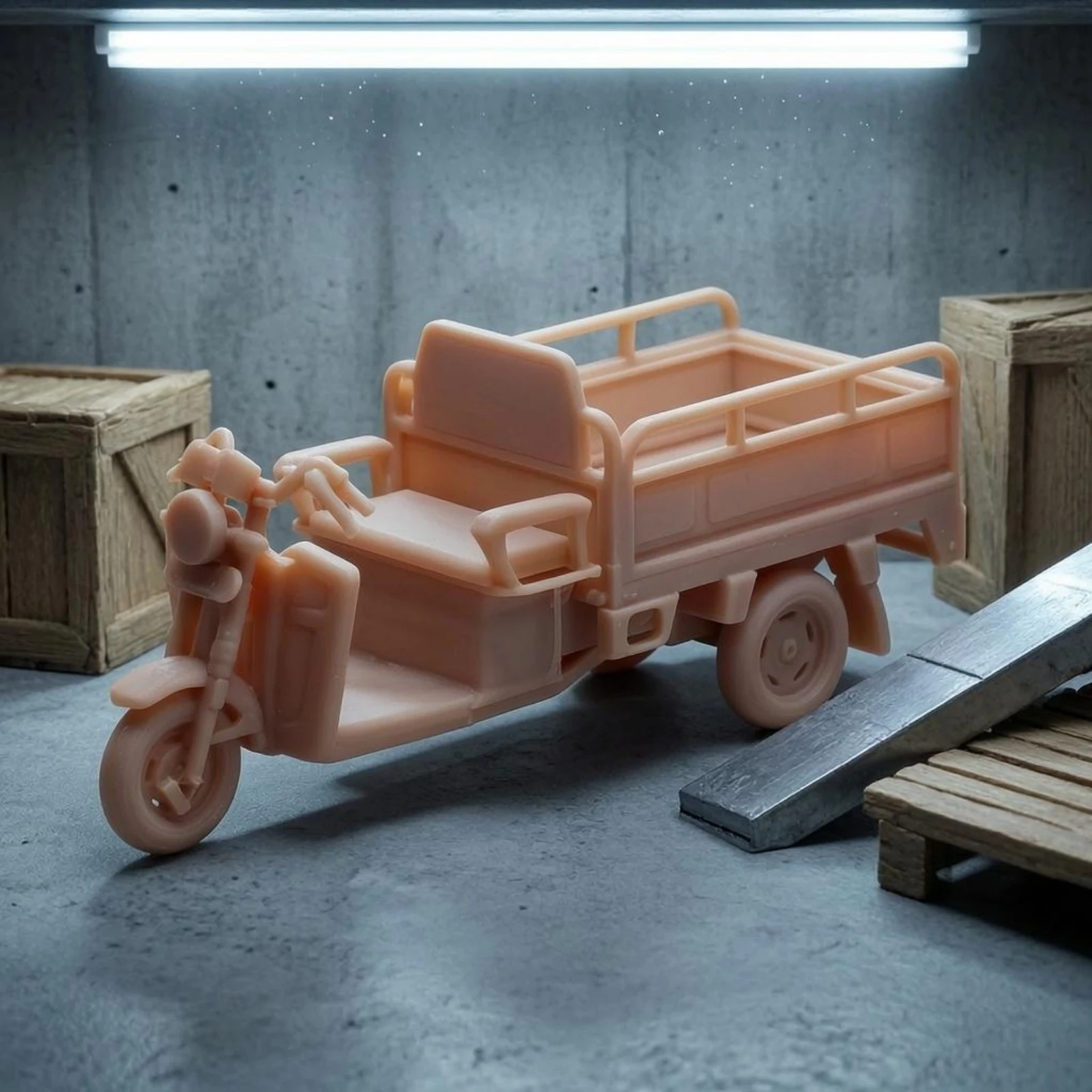 

Cargo Tricycle Model Orange-Peach Finish Three-Wheeled Cargo Trike Three Wheel Flatbed Truck Model Side Railings