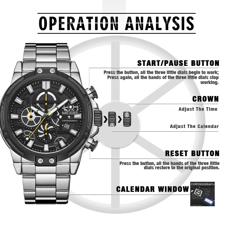 MEGIR Stainless Steel Band Business Watch Fashion Sport Chronograph Clock Waterproof Luminous Men\'s Wristwatches Montre Homme