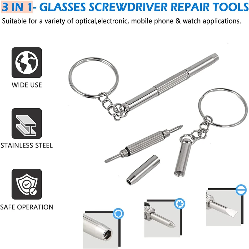 Mini Hand Glasses Screwdrivers 3-in-1 Spectacle Repair Kits Multifunction Sunglass Watch Glasses Screwdriver Set with Keychain