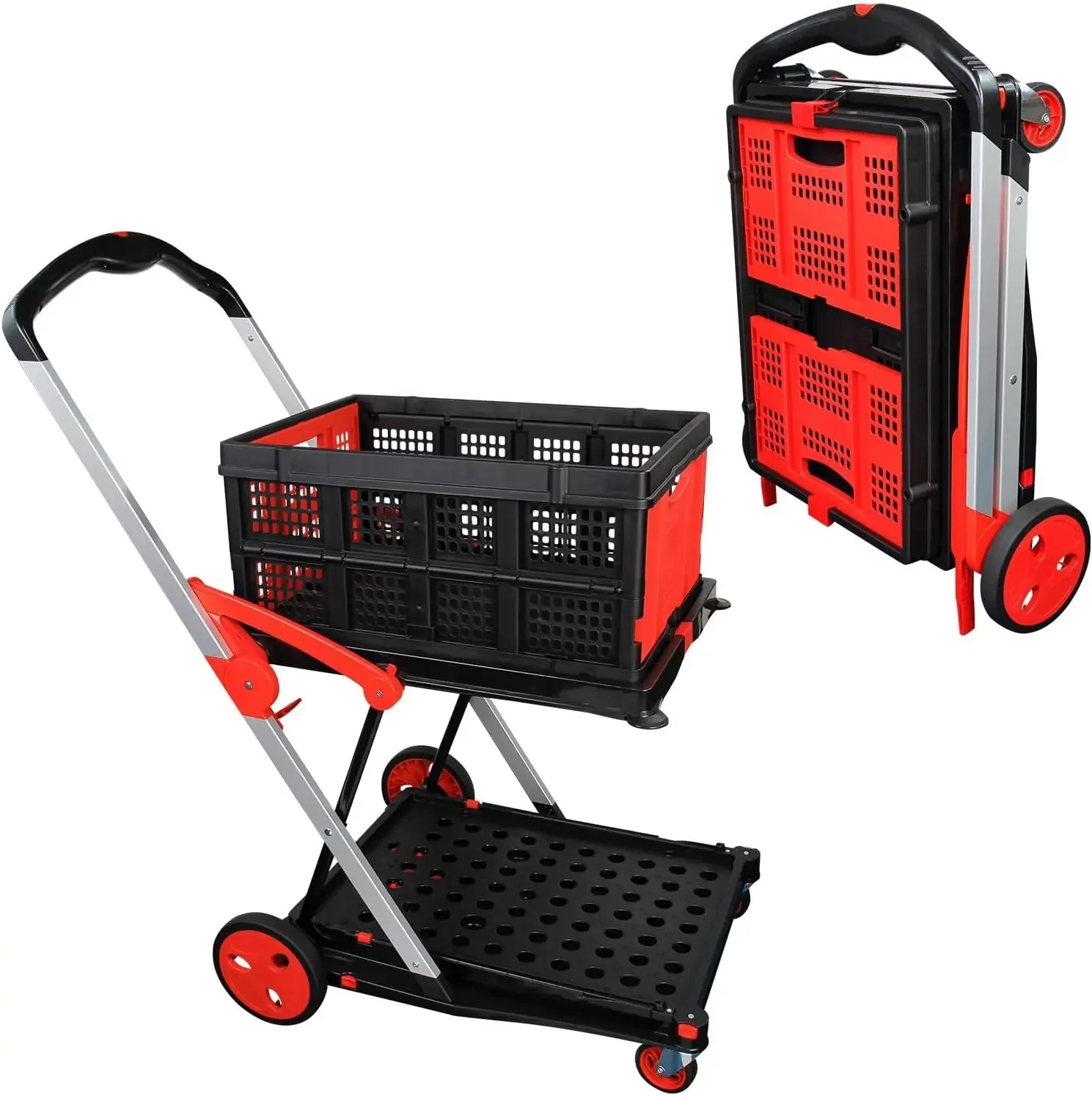 Cart with One Crate, Two Tier Collapsible Cart with 360° Rolling Swivel Wheels, Heavy Duty Utility Cart Multiple Uses Folding Tr