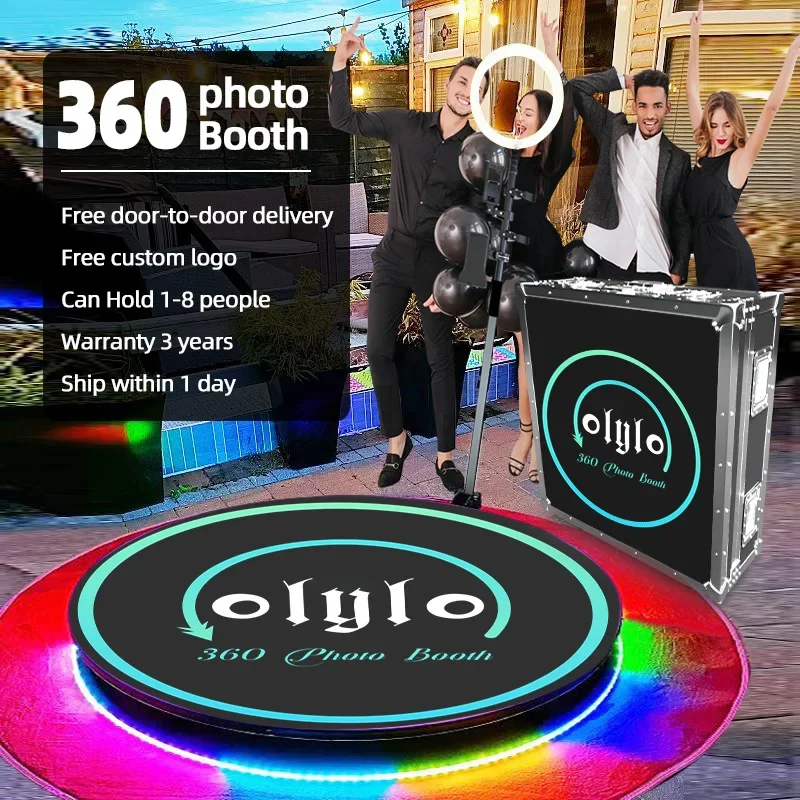 With 69‘’ Carpet 360 Photo Booth Slow Motion Rotating Platform Adjustable Selfie Bracket Can Hold 1-8People Portable Stage Event