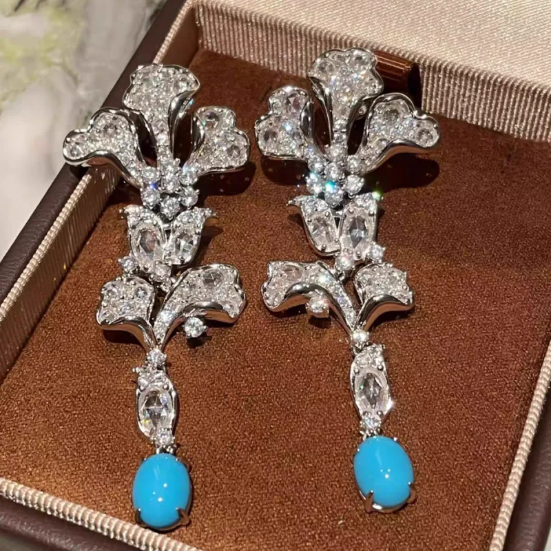 

ZOCA Elegant Long High-End Feel Women's Fringed Romantic Flower 925 Sterling Silver Earring Precious Ear Decoration