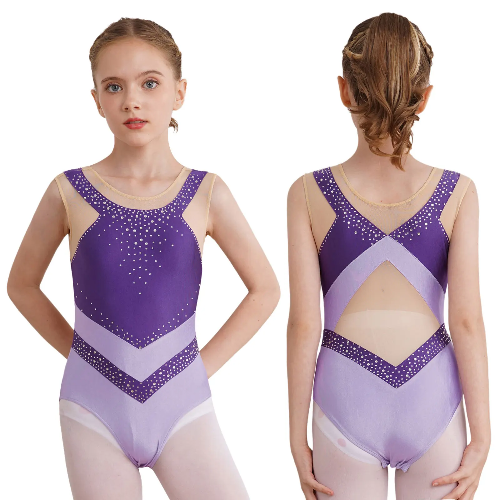 Rhythmic Gymnastics Leotard for Kids Girls Ballet Dance Performance Costume Sleeveless Rhinestones Sheer Mesh Patchwork Bodysuit