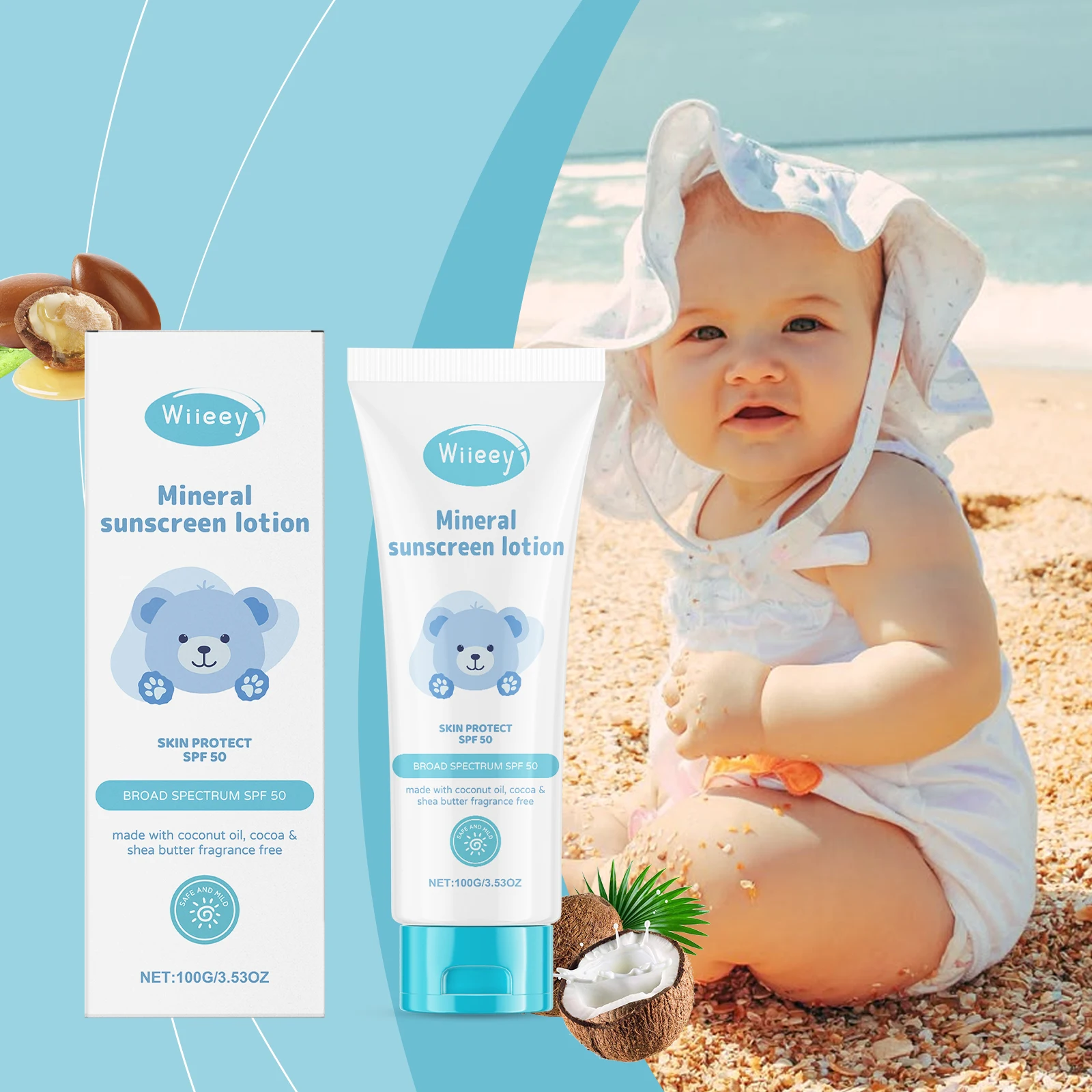 لوشن المعدني الواقي من الشمس SPF 50 - واقي من الشمس الطبيعي ذو الطيف العريض مع زيت جوز الهند وزبدة الشيا - 100 جم/3.53 أونصة