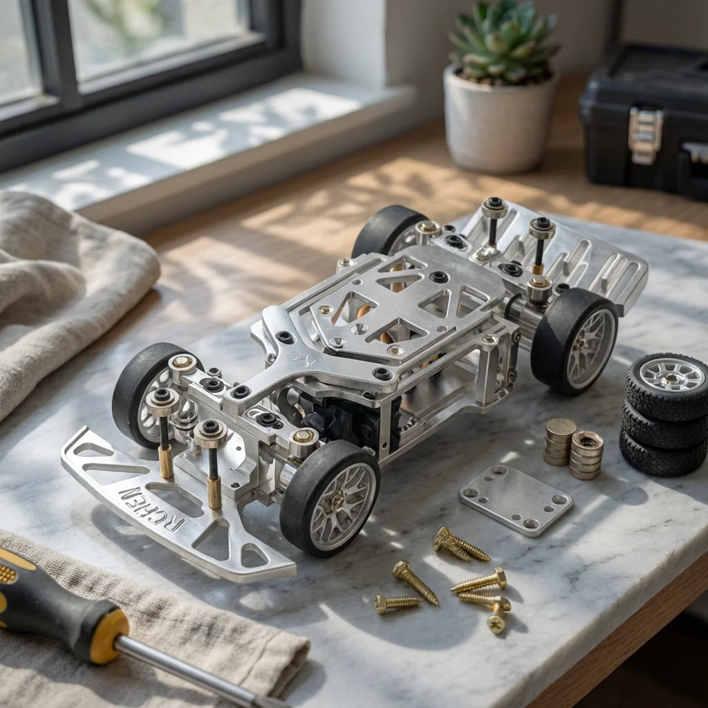 RC Chassis with Steering Gear Metal Drift Chassis Châssis Roulant Rear-Drive Car Frame Sleek-Profile for Hobbyists, Drifting